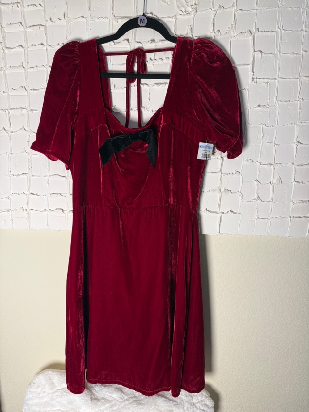 WAYF Burgundy Velvet Mini Dress with Black Bow